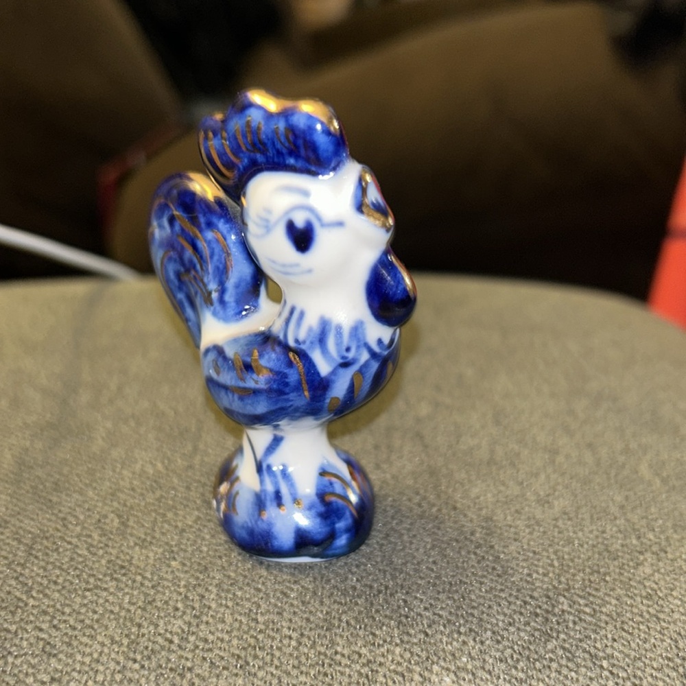 Vintage Russian Gzhel Porcelain Figurine rooster Cobalt Blue & Gold